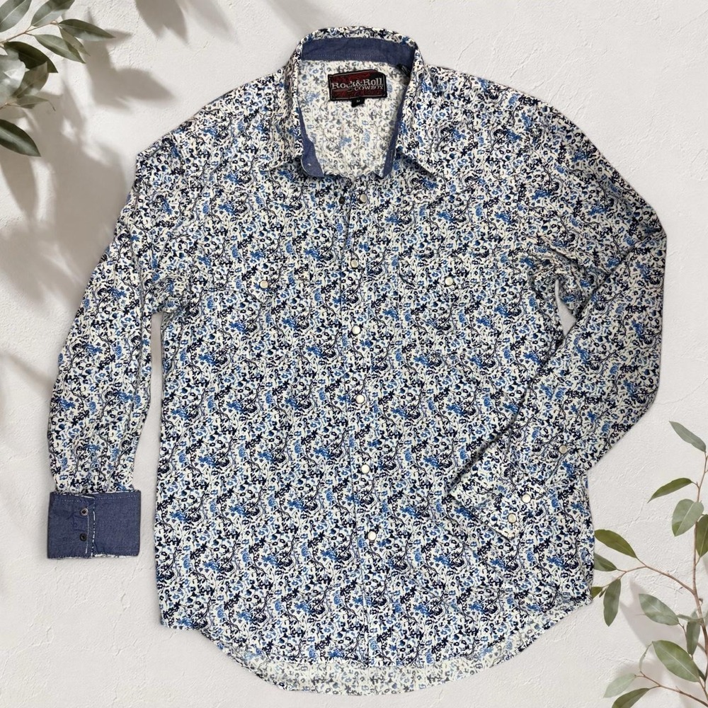 Rock & Roll Cowboy Blue White Floral Pearl Snap Western Shirt Mens Size M - Picture 1 of 5